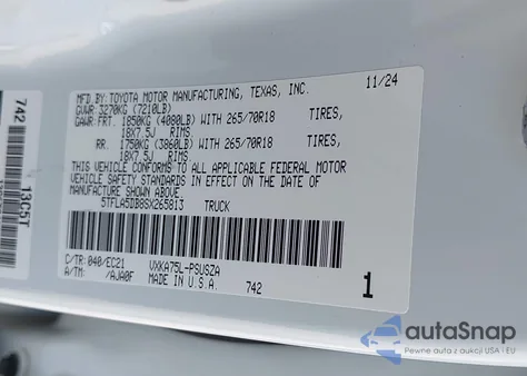 2025 Toyota Tundra Sr5 4Wd z USA, uszkodzony, nr VIN 5TFLA5DB8SX265813